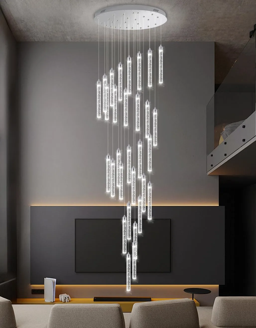 30-Light 197'' High Ceiling Chandeliers Modern Crystal Chandeliers for Entryway Long Spiral LED Dimmable Chandelier Flush Mount Ceiling Staircase Foyer Living Room Sloped ceilings Light Fixture