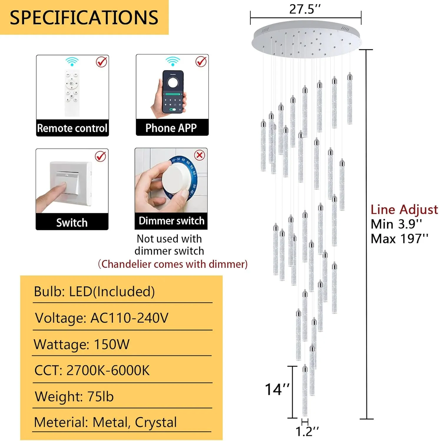 30-Light 197'' High Ceiling Chandeliers Modern Crystal Chandeliers for Entryway Long Spiral LED Dimmable Chandelier Flush Mount Ceiling Staircase Foyer Living Room Sloped ceilings Light Fixture