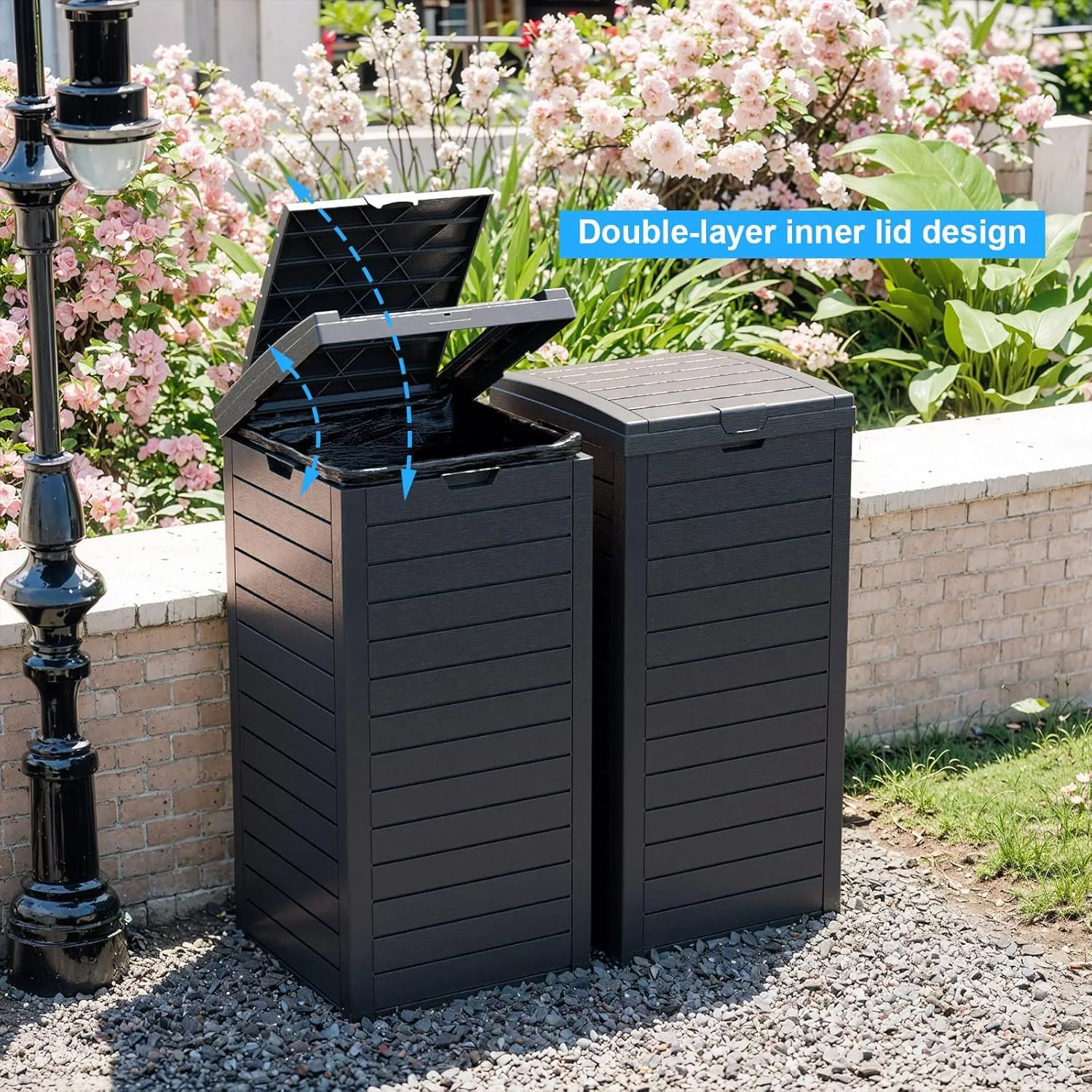 31 Gallon Outdoor Trash Can with Lid and Drip Tray, Waterproof Resin Garbage Can for Patio, Backyard, Deck and Kitchen