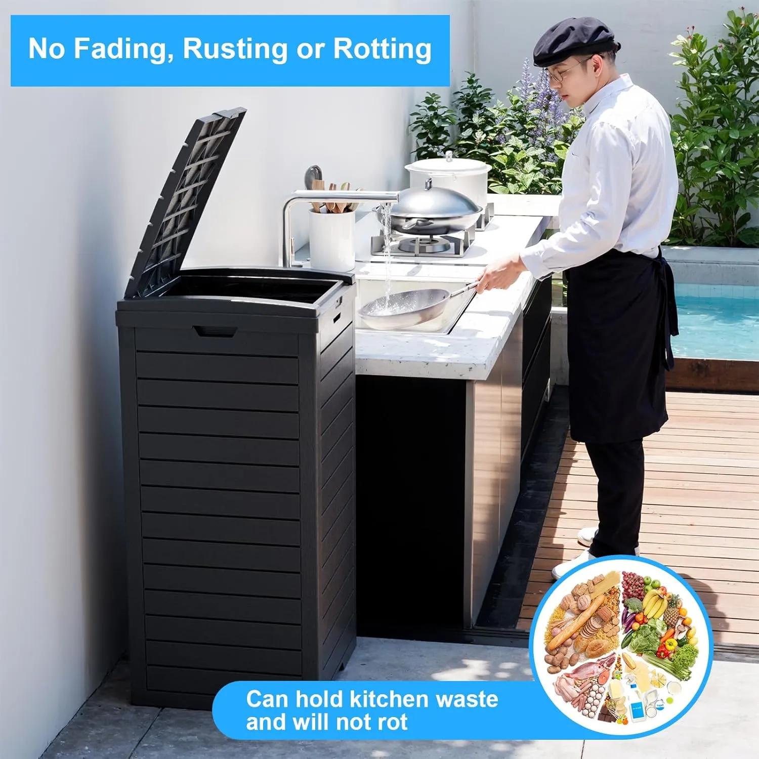31 Gallon Outdoor Trash Can with Lid and Drip Tray, Waterproof Resin Garbage Can for Patio, Backyard, Deck and Kitchen