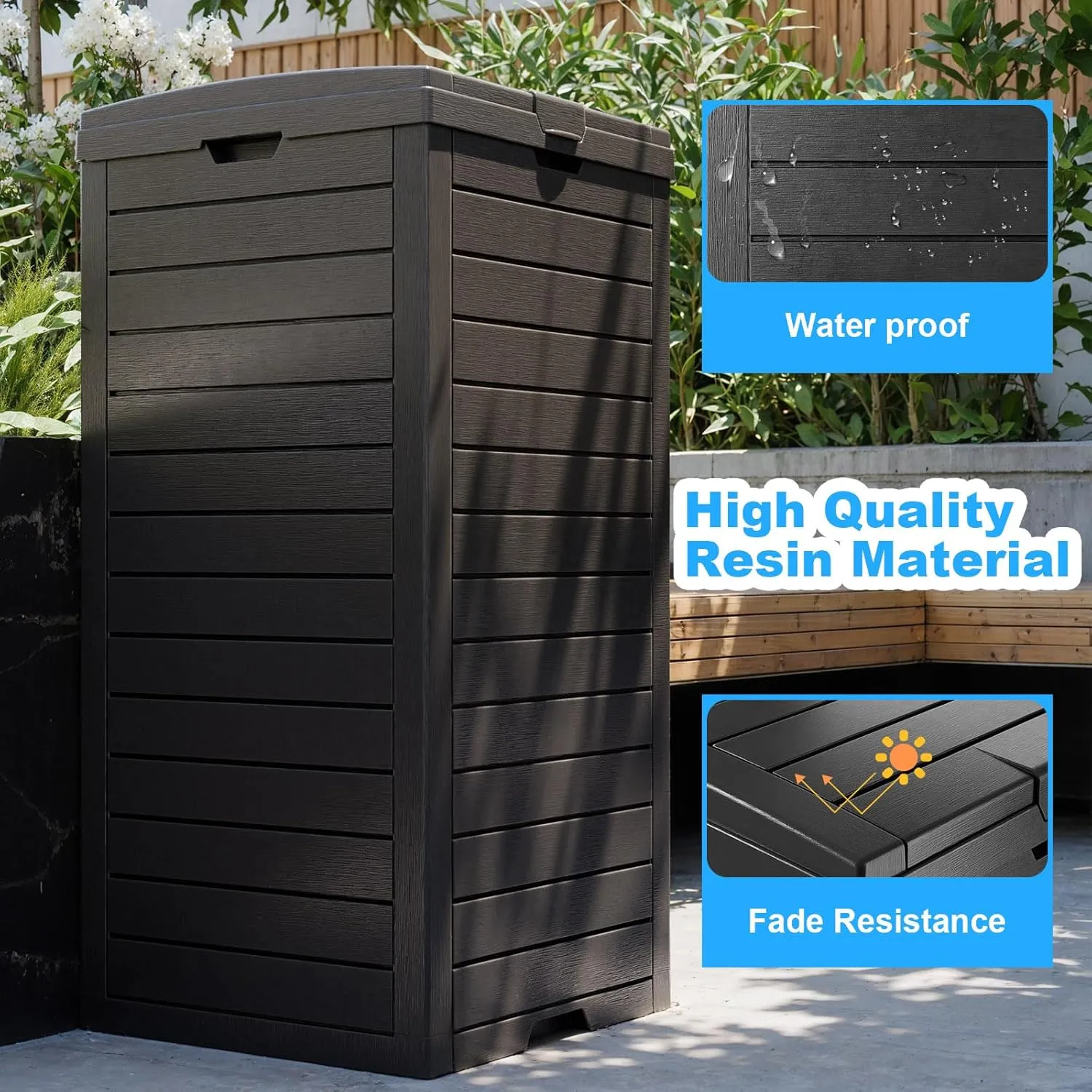 31 Gallon Outdoor Trash Can with Lid and Drip Tray, Waterproof Resin Garbage Can for Patio, Backyard, Deck and Kitchen