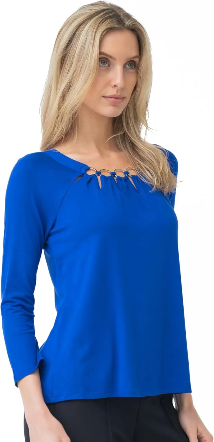 3/4 Sleeve Boat Neck Metal Ring Detail Top Jet Black