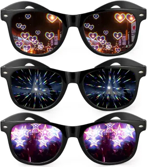3Pcs Diffraction Glasses, 3D Prism Rainbow Heart Star Effect Light Refraction Glasses for Edm Party - Women Men Rave