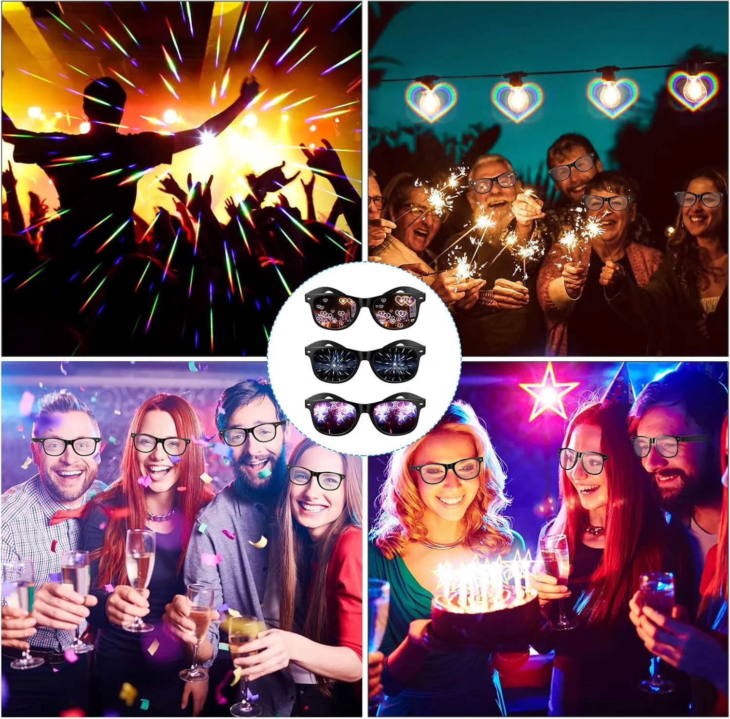 3Pcs Diffraction Glasses, 3D Prism Rainbow Heart Star Effect Light Refraction Glasses for Edm Party - Women Men Rave