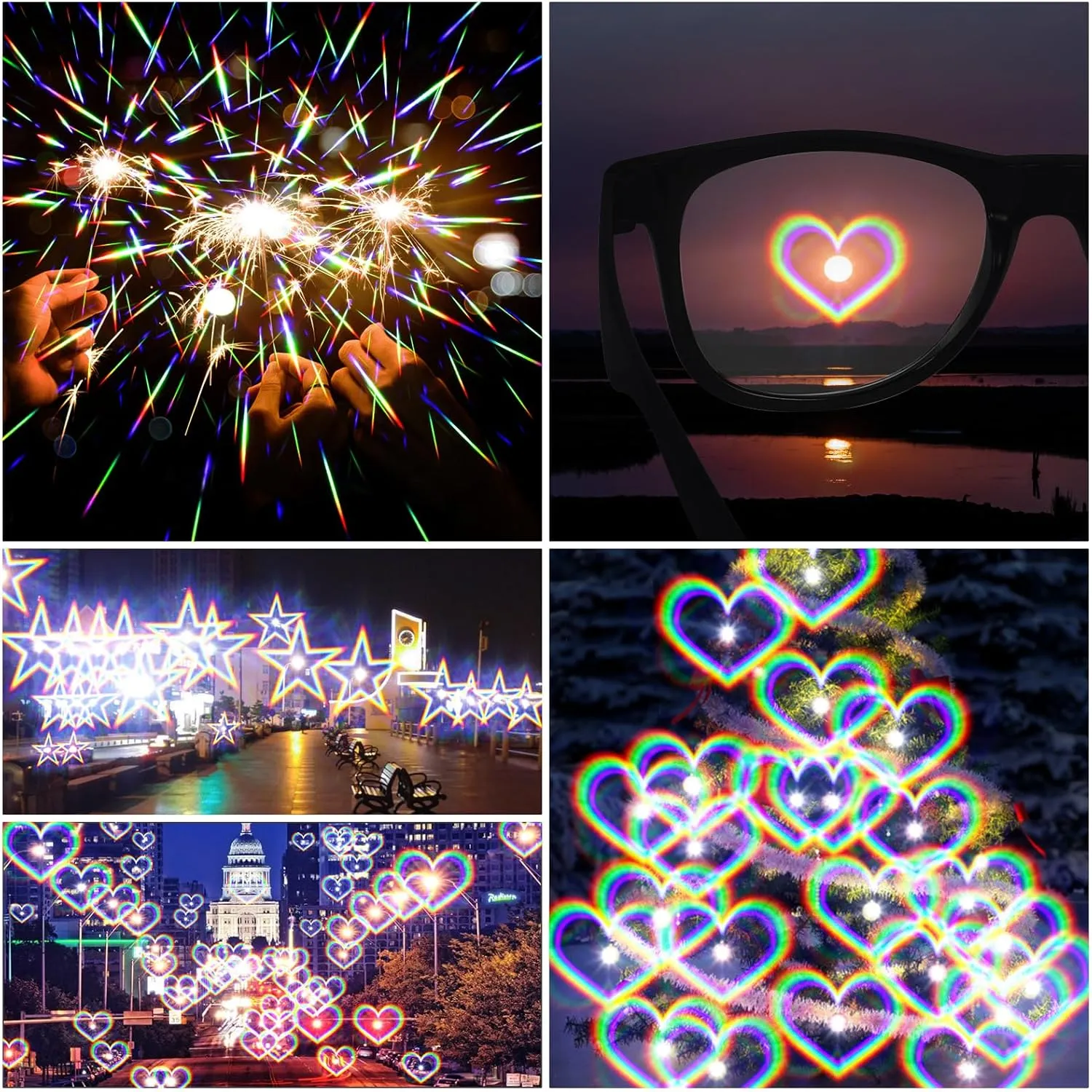3Pcs Diffraction Glasses, 3D Prism Rainbow Heart Star Effect Light Refraction Glasses for Edm Party - Women Men Rave