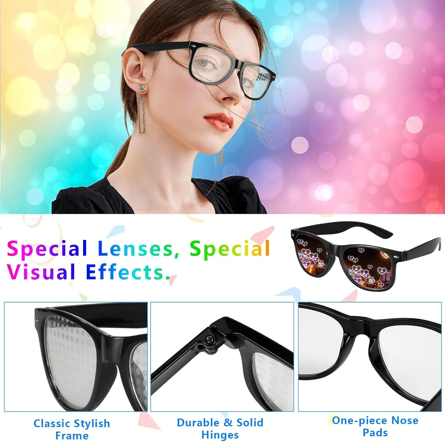 3Pcs Diffraction Glasses, 3D Prism Rainbow Heart Star Effect Light Refraction Glasses for Edm Party - Women Men Rave