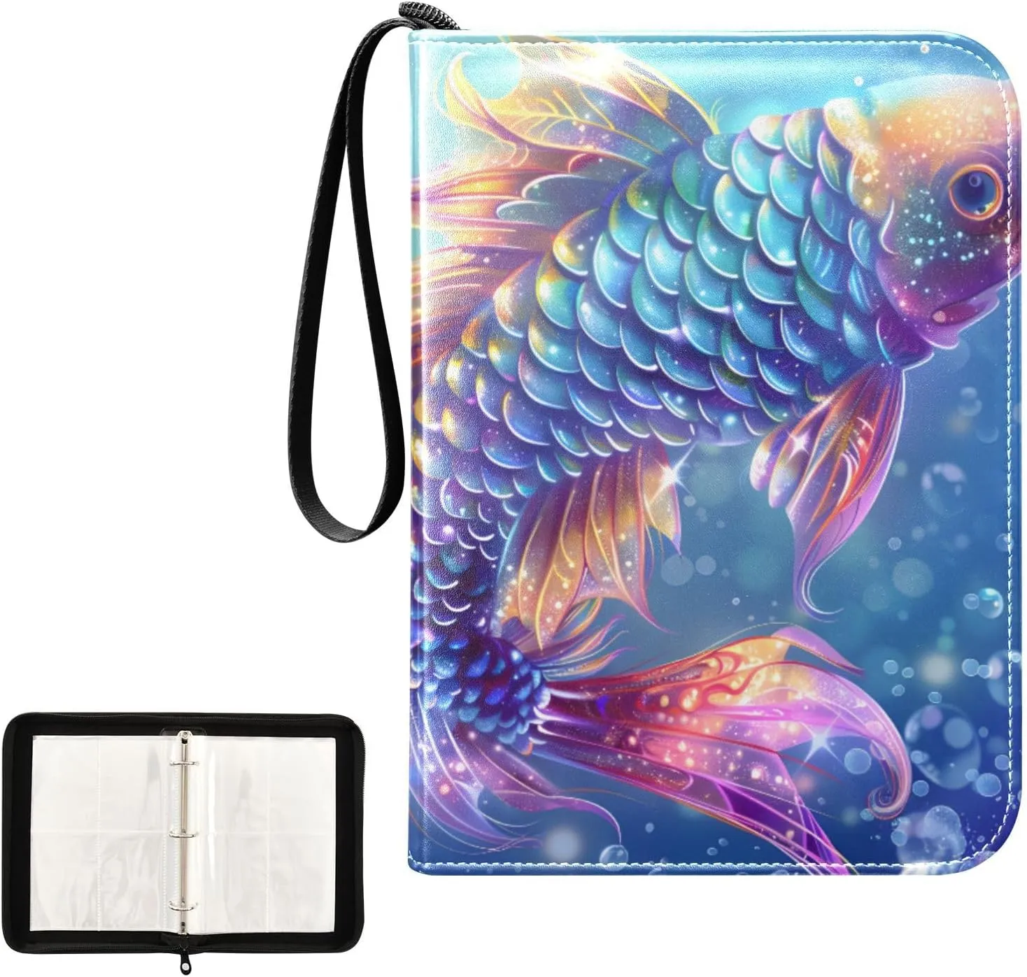 4 Pockets Trading Card Album Holder Book Folder Sports Card Binder Sparkling Fish Scales 400 Double Side Pockets for 3 Ring Binder Zipper