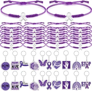 40 Pcs Purple Pancreatic Cancer Awareness Gifts Set Adjustable Purple Ribbon Overdose Bracelets Cord Ribbon Acrylic Keychain Items Pancreatic Survivor Gifts for Women