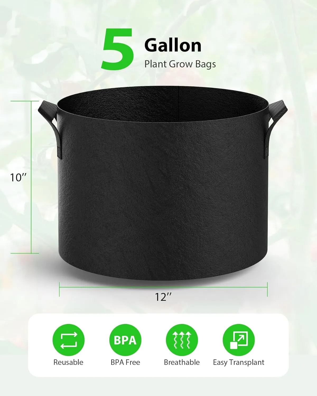 5-Pack Grow Bags 5 Gallon Thickened Plant Grow Bags Multi-Purpose Nonwoven Fabric Pots with Durable Handles, Outdoor Garden Plant Pots for Fruits Vegetables Flowers Herb Bonsai Plants, Black