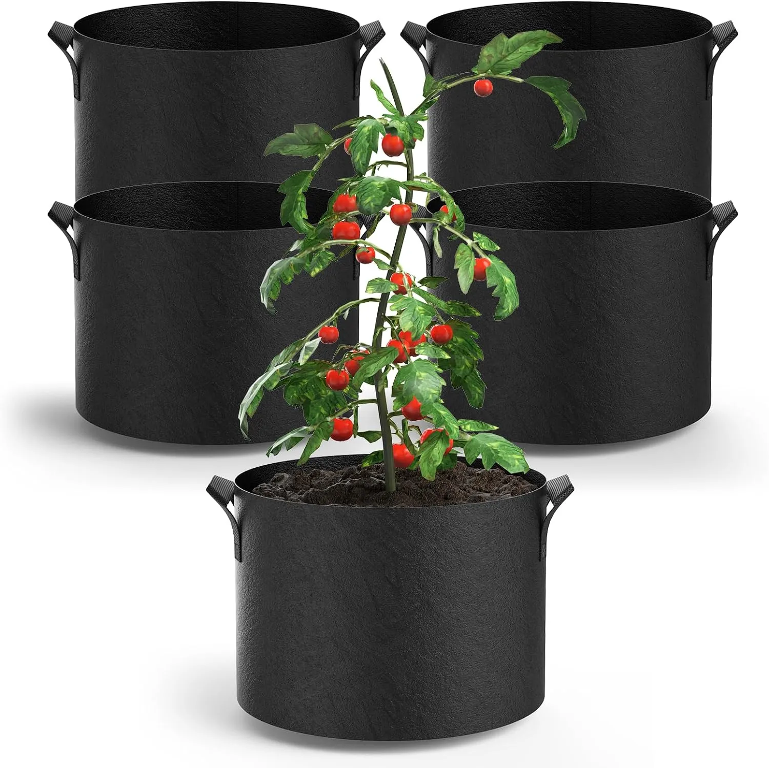 5-Pack Grow Bags 5 Gallon Thickened Plant Grow Bags Multi-Purpose Nonwoven Fabric Pots with Durable Handles, Outdoor Garden Plant Pots for Fruits Vegetables Flowers Herb Bonsai Plants, Black