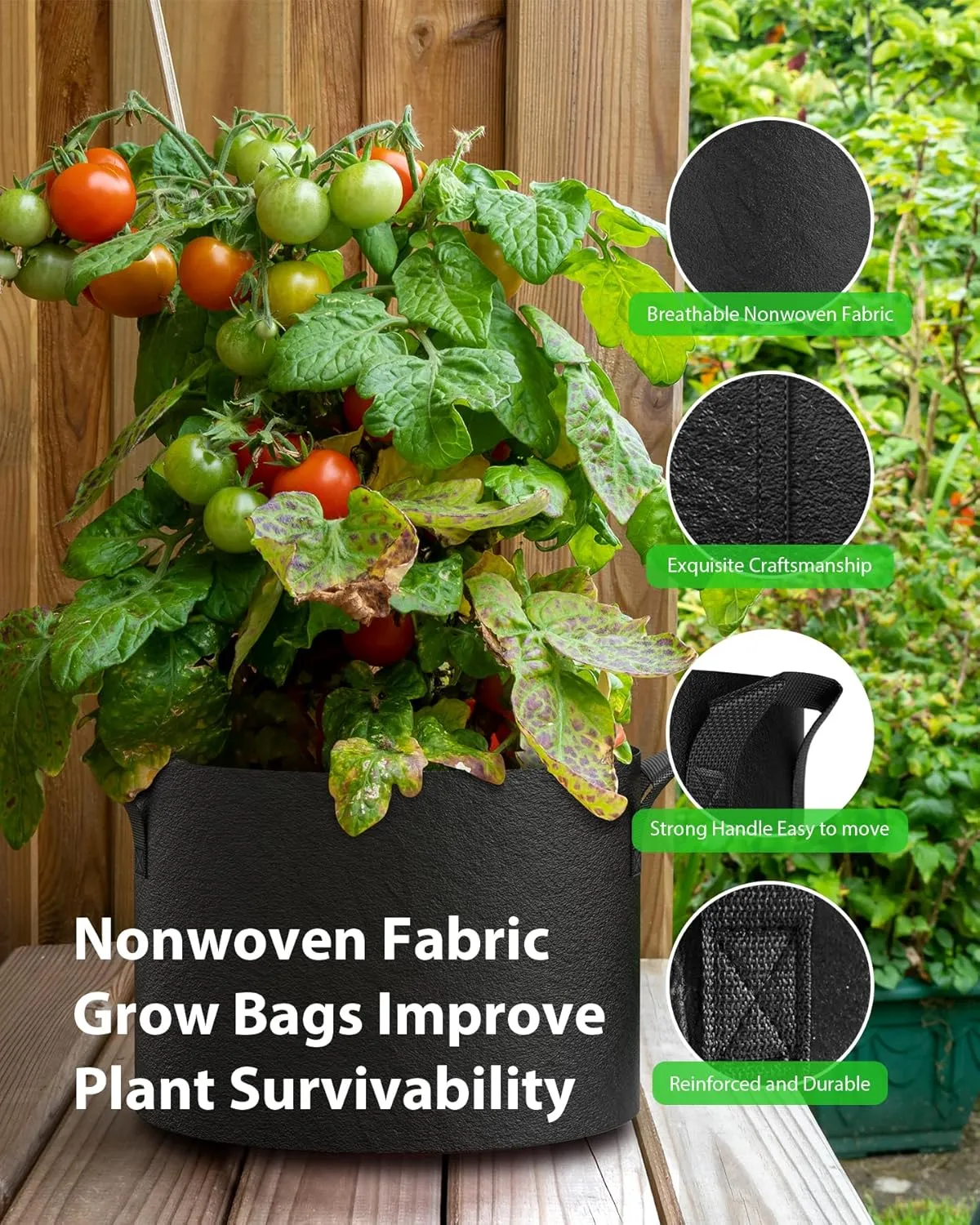 5-Pack Grow Bags 5 Gallon Thickened Plant Grow Bags Multi-Purpose Nonwoven Fabric Pots with Durable Handles, Outdoor Garden Plant Pots for Fruits Vegetables Flowers Herb Bonsai Plants, Black