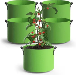 5-Pack Grow Bags 5 Gallon Thickened Plant Grow Bags Multi-Purpose Nonwoven Fabric Pots with Durable Handles, Outdoor Garden Plant Pots for Fruits Vegetables Flowers Herb Bonsai Plants, Green