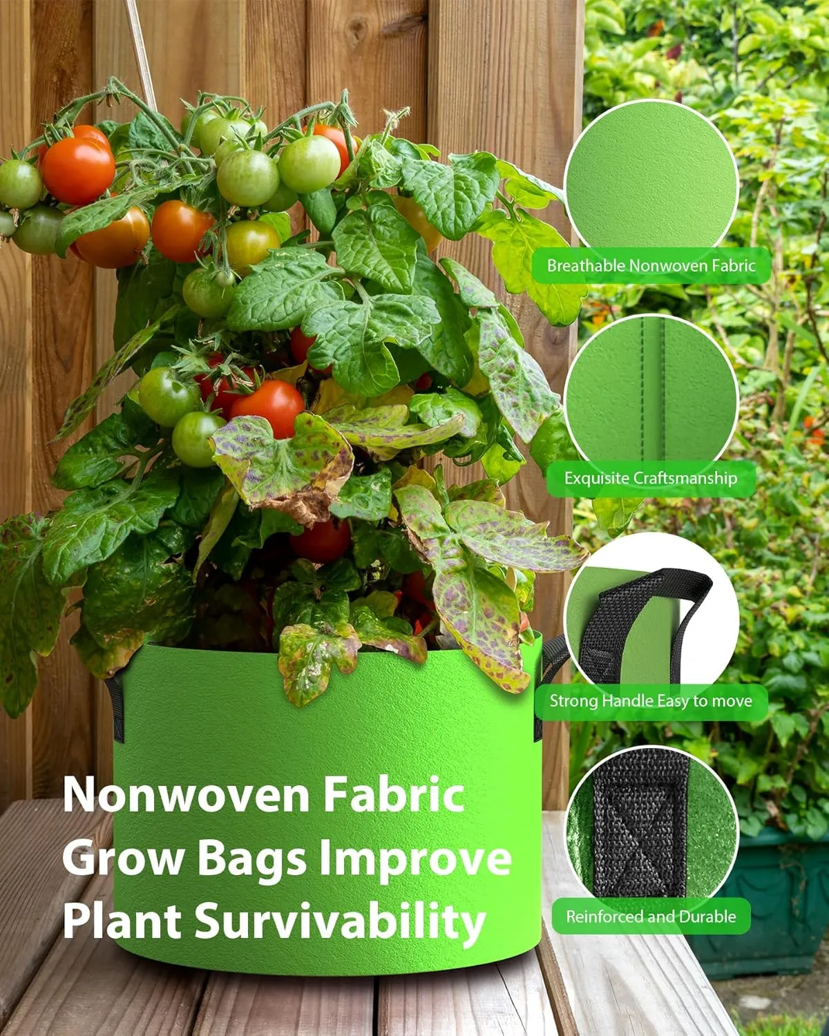 5-Pack Grow Bags 5 Gallon Thickened Plant Grow Bags Multi-Purpose Nonwoven Fabric Pots with Durable Handles, Outdoor Garden Plant Pots for Fruits Vegetables Flowers Herb Bonsai Plants, Green
