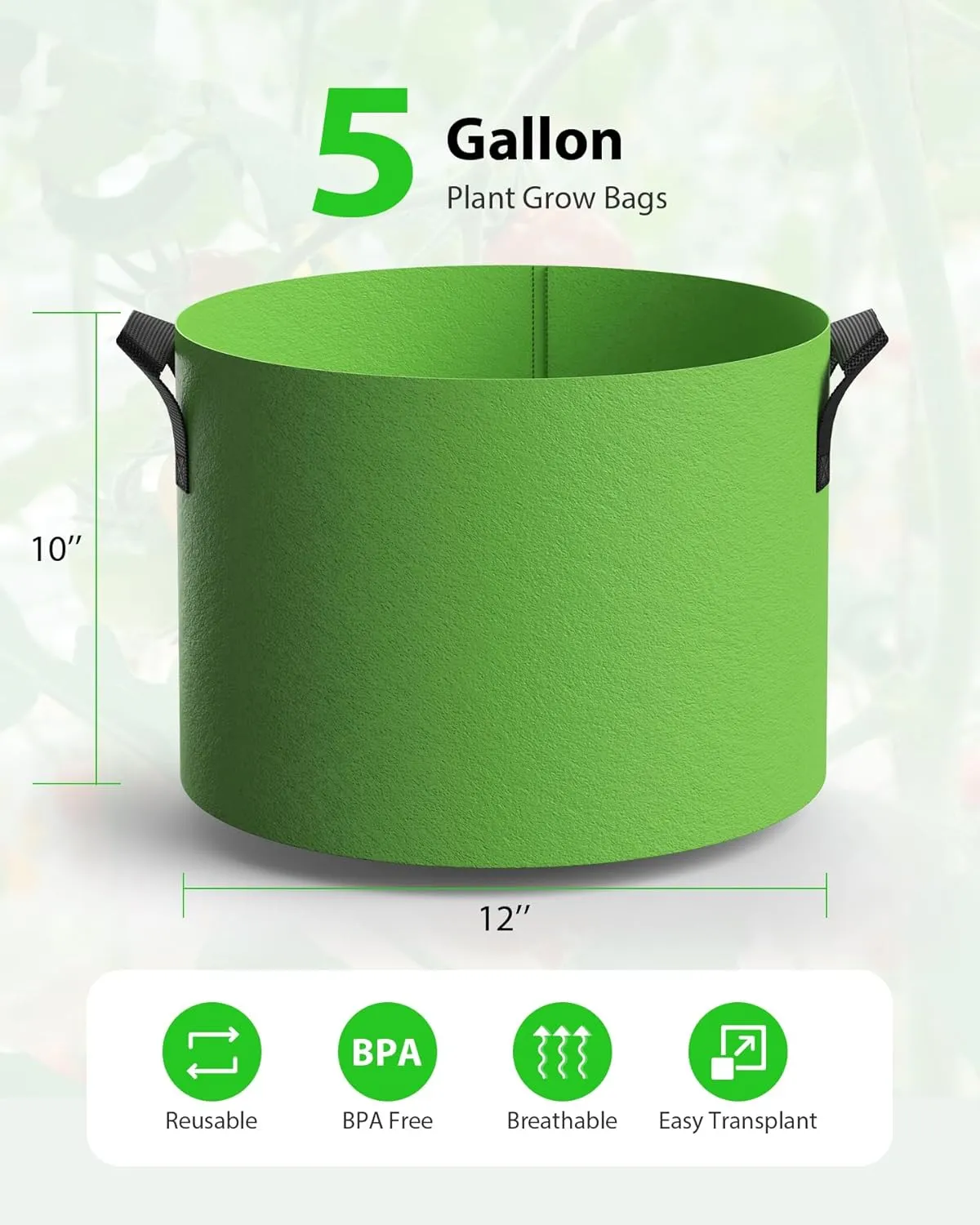 5-Pack Grow Bags 5 Gallon Thickened Plant Grow Bags Multi-Purpose Nonwoven Fabric Pots with Durable Handles, Outdoor Garden Plant Pots for Fruits Vegetables Flowers Herb Bonsai Plants, Green