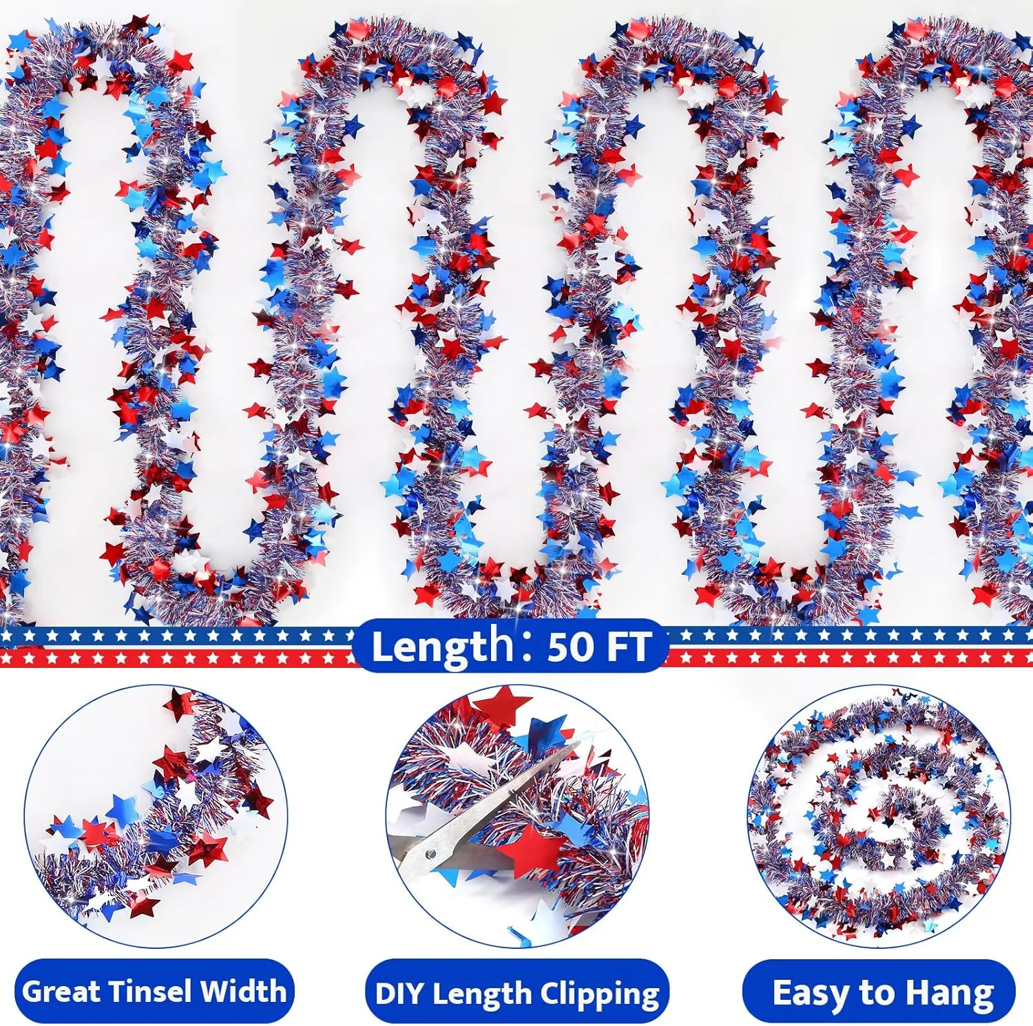 50 FT 4th of July Garland Red White and Blue Patriotic Tinsel Garland for Home Party Holiday Red White and Blue Memorial Day Independence Day 4th of July Decorations