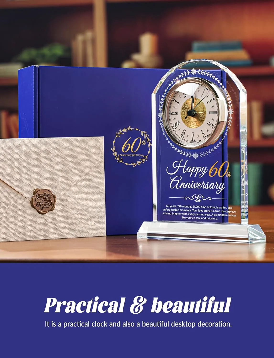 60th Wedding Anniversary K9 Crystal Quartz Clock,60 Years of Marriage Gift,Happy Diamond Anniversary Decoration Gift,for Parents,Grandparents,Couple