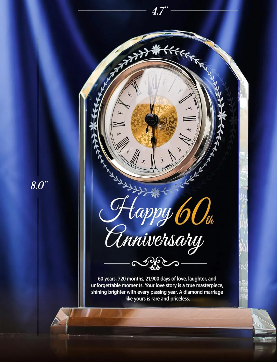 60th Wedding Anniversary K9 Crystal Quartz Clock,60 Years of Marriage Gift,Happy Diamond Anniversary Decoration Gift,for Parents,Grandparents,Couple