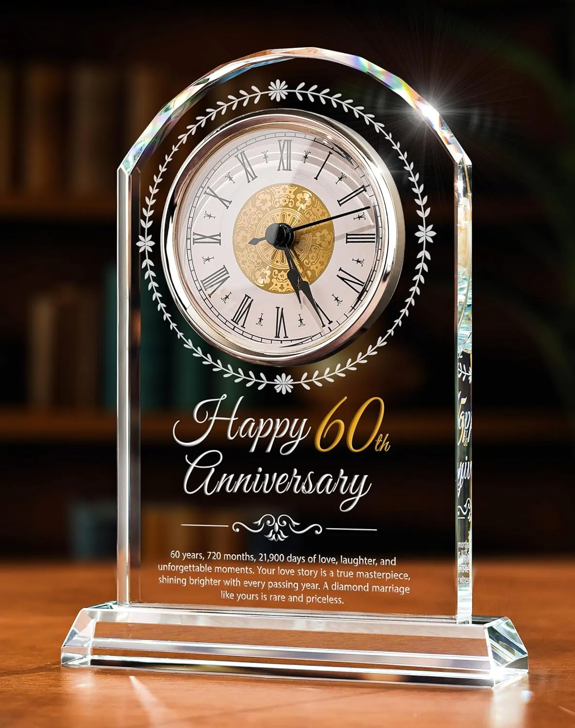 60th Wedding Anniversary K9 Crystal Quartz Clock,60 Years of Marriage Gift,Happy Diamond Anniversary Decoration Gift,for Parents,Grandparents,Couple