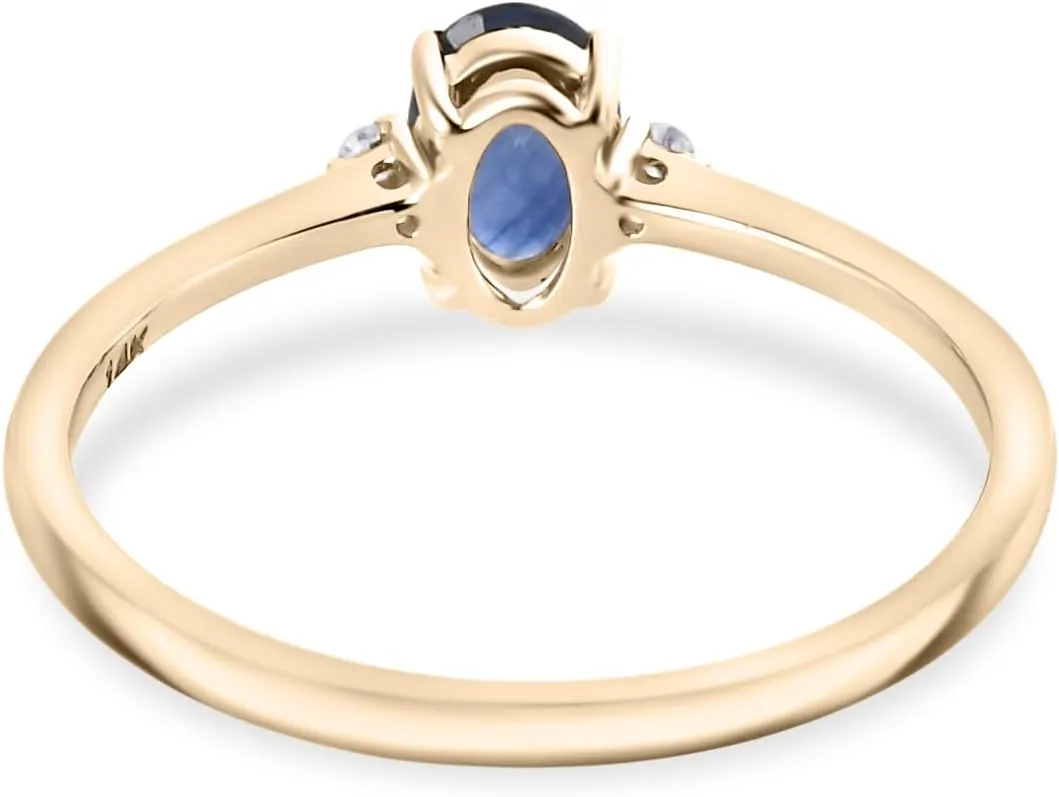6x4 mm Natural Blue Sapphire with Diamond Three stone Ring for Women in 14k Solid Yellow Gold | September Birthstone Gift for Her Birthday | Engagement | Wedding | Anniversary