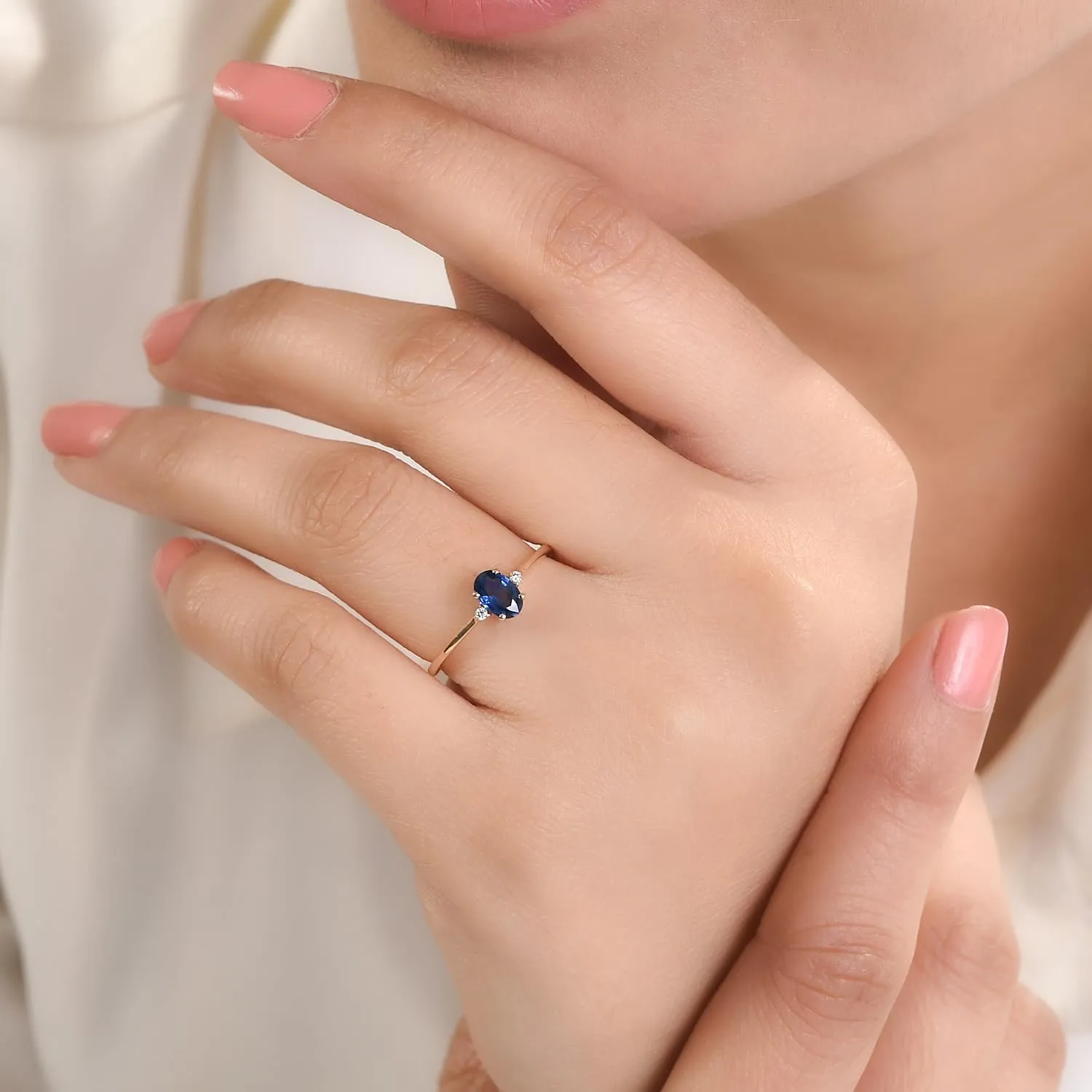 6x4 mm Natural Blue Sapphire with Diamond Three stone Ring for Women in 14k Solid Yellow Gold | September Birthstone Gift for Her Birthday | Engagement | Wedding | Anniversary
