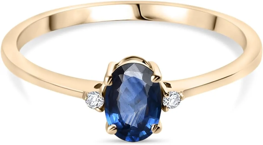 6x4 mm Natural Blue Sapphire with Diamond Three stone Ring for Women in 14k Solid Yellow Gold | September Birthstone Gift for Her Birthday | Engagement | Wedding | Anniversary