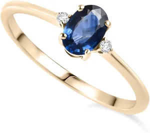 6x4 mm Natural Blue Sapphire with Diamond Three stone Ring for Women in 14k Solid Yellow Gold | September Birthstone Gift for Her Birthday | Engagement | Wedding | Anniversary