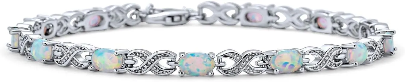 9CT Simulated Gemstone White Opal Blue Sapphire Amethyst Purple Oval AAA Clear CZ Alternating Infinity Tennis Bracelet For Women Girlfriend .925 Sterling Silver 7,7.5 Inch