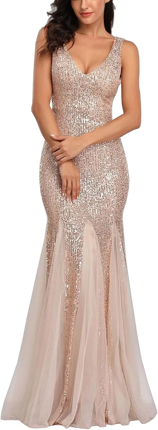 A ARFAR Women Sequin Dress Tulle Party Dress for Women Sexy V-Neck Dress Formal Long Dresses Evening Prom Gowns