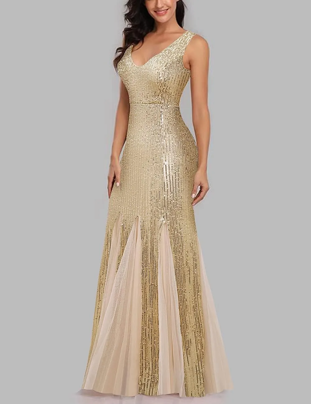 A ARFAR Women Sequin Dress Tulle Party Dress for Women Sexy V-Neck Dress Formal Long Dresses Evening Prom Gowns