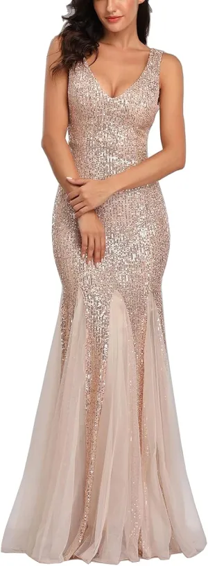 A ARFAR Women Sequin Dress Tulle Party Dress for Women Sexy V-Neck Dress Formal Long Dresses Evening Prom Gowns
