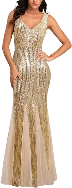 A ARFAR Women Sequin Dress Tulle Party Dress for Women Sexy V-Neck Dress Formal Long Dresses Evening Prom Gowns
