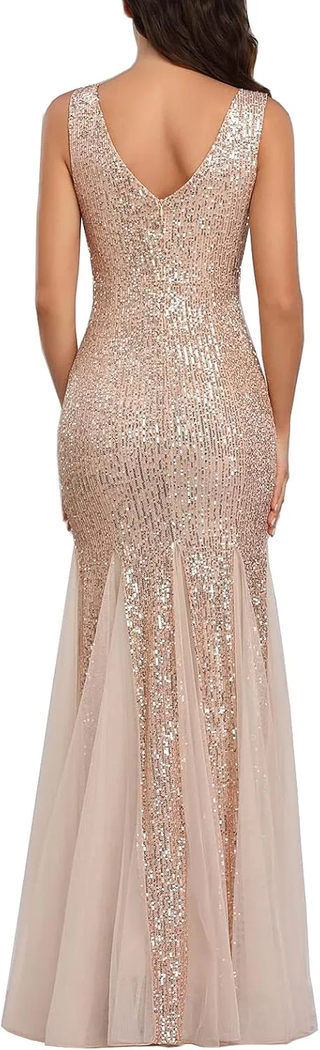 A ARFAR Women Sequin Dress Tulle Party Dress for Women Sexy V-Neck Dress Formal Long Dresses Evening Prom Gowns