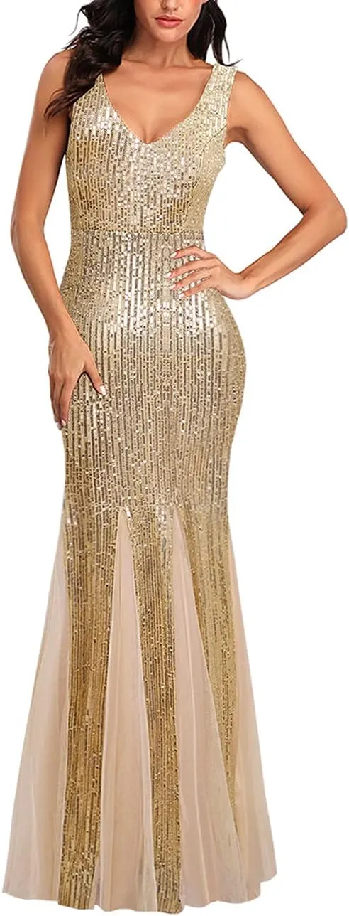 A ARFAR Women Sequin Dress Tulle Party Dress for Women Sexy V-Neck Dress Formal Long Dresses Evening Prom Gowns