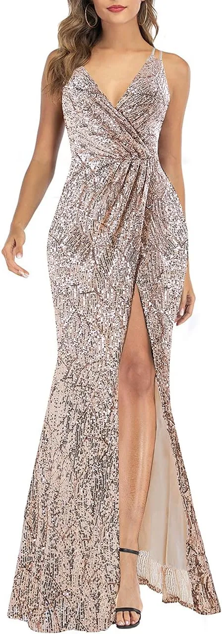 A ARFAR Women Sequin Party Dress V-Neck Sphagetti Strap Dress Sexy High Slit Dress Formal Evening Gowns