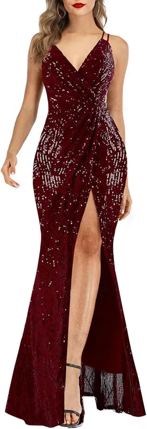 A ARFAR Women Sequin Party Dress V-Neck Sphagetti Strap Dress Sexy High Slit Dress Formal Evening Gowns