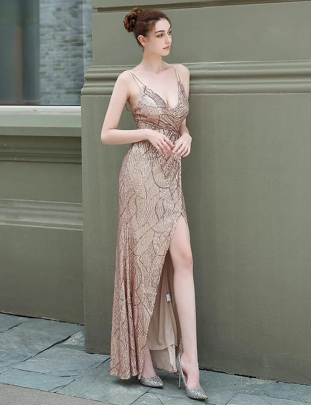 A ARFAR Women Sequin Party Dress V-Neck Sphagetti Strap Dress Sexy High Slit Dress Formal Evening Gowns