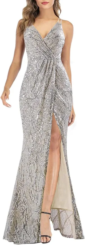 A ARFAR Women Sequin Party Dress V-Neck Sphagetti Strap Dress Sexy High Slit Dress Formal Evening Gowns