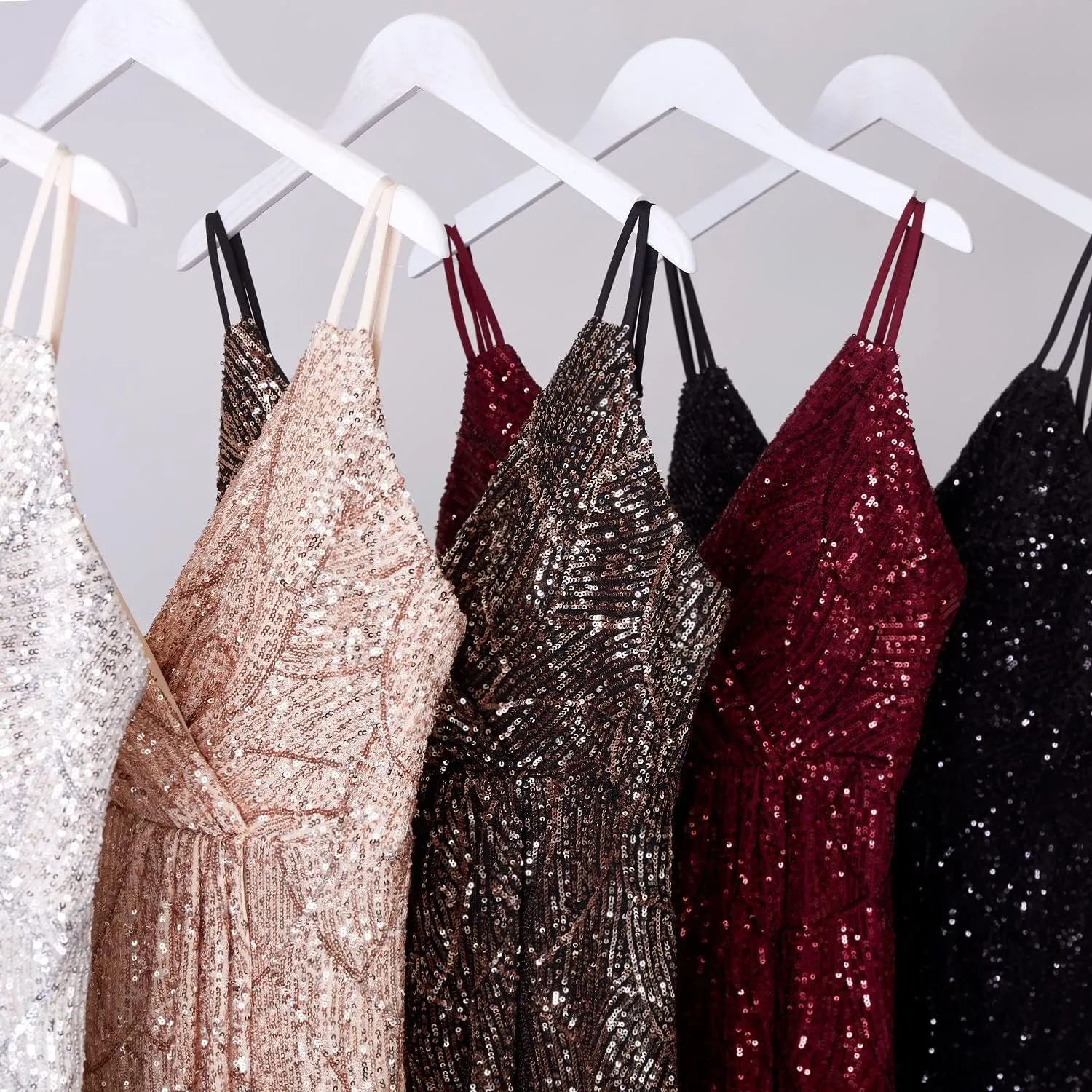 A ARFAR Women Sequin Party Dress V-Neck Sphagetti Strap Dress Sexy High Slit Dress Formal Evening Gowns