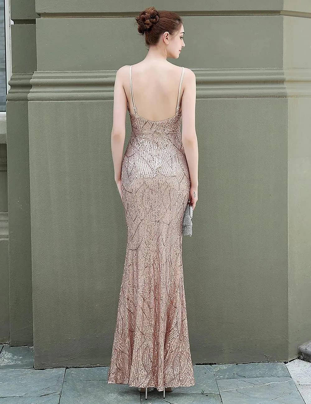 A ARFAR Women Sequin Party Dress V-Neck Sphagetti Strap Dress Sexy High Slit Dress Formal Evening Gowns