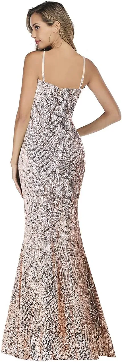 A ARFAR Women Sequin Party Dress V-Neck Sphagetti Strap Dress Sexy High Slit Dress Formal Evening Gowns
