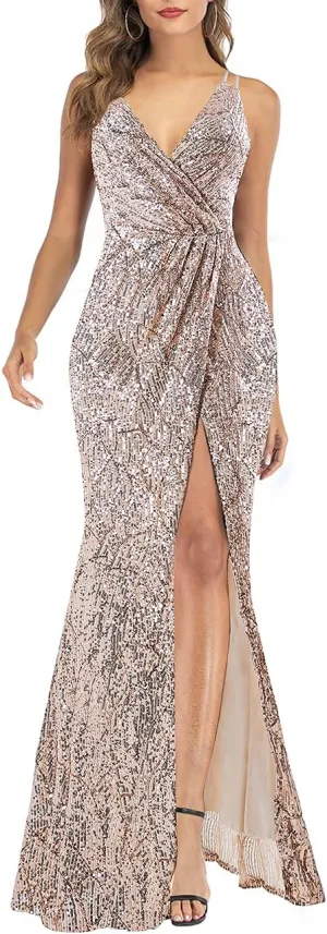 A ARFAR Women Sequin Party Dress V-Neck Sphagetti Strap Dress Sexy High Slit Dress Formal Evening Gowns