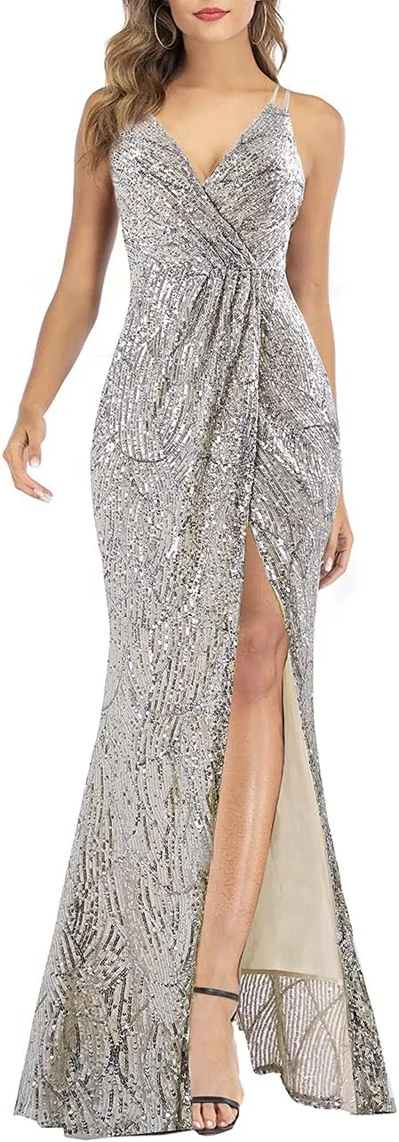 A ARFAR Women Sequin Party Dress V-Neck Sphagetti Strap Dress Sexy High Slit Dress Formal Evening Gowns
