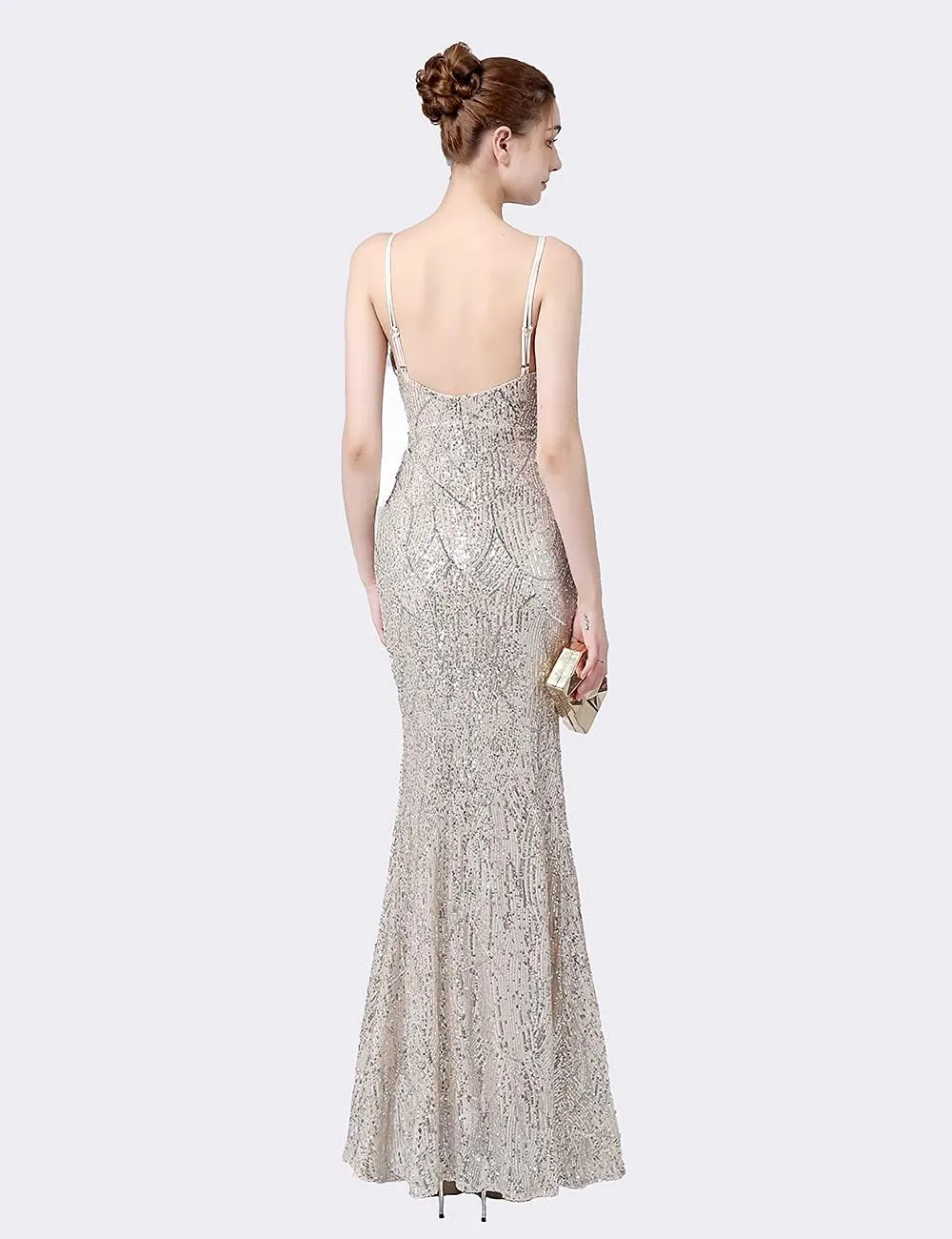 A ARFAR Women Sequin Party Dress V-Neck Sphagetti Strap Dress Sexy High Slit Dress Formal Evening Gowns