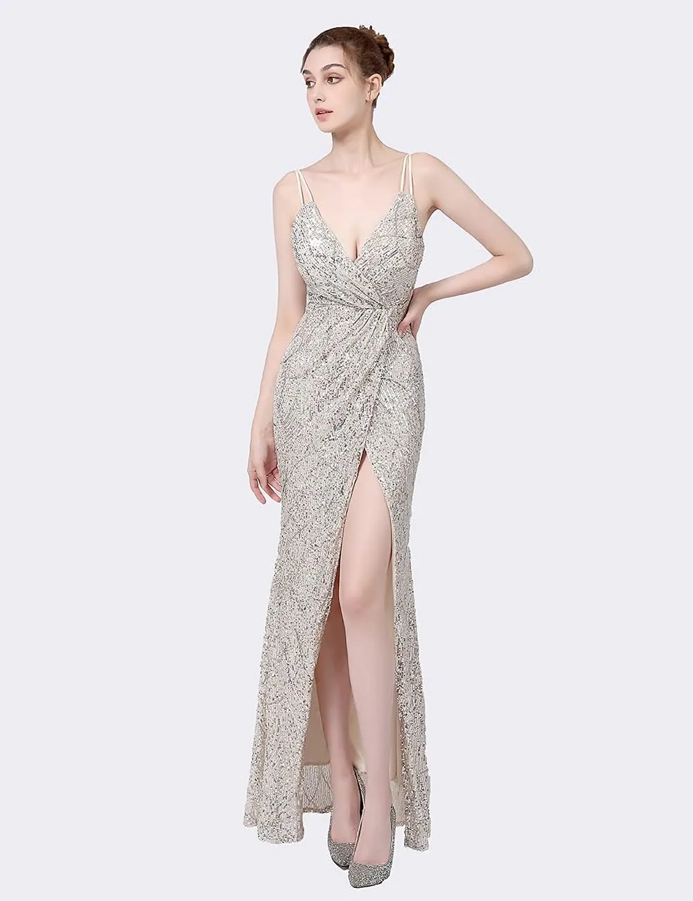 A ARFAR Women Sequin Party Dress V-Neck Sphagetti Strap Dress Sexy High Slit Dress Formal Evening Gowns