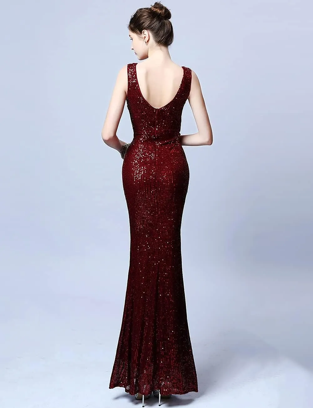 A ARFAR Women Wedding Sequin Dress V-Neck Sleeveless Dress Mermaid Maxi Long Dress Formal Evening Prom Gowns