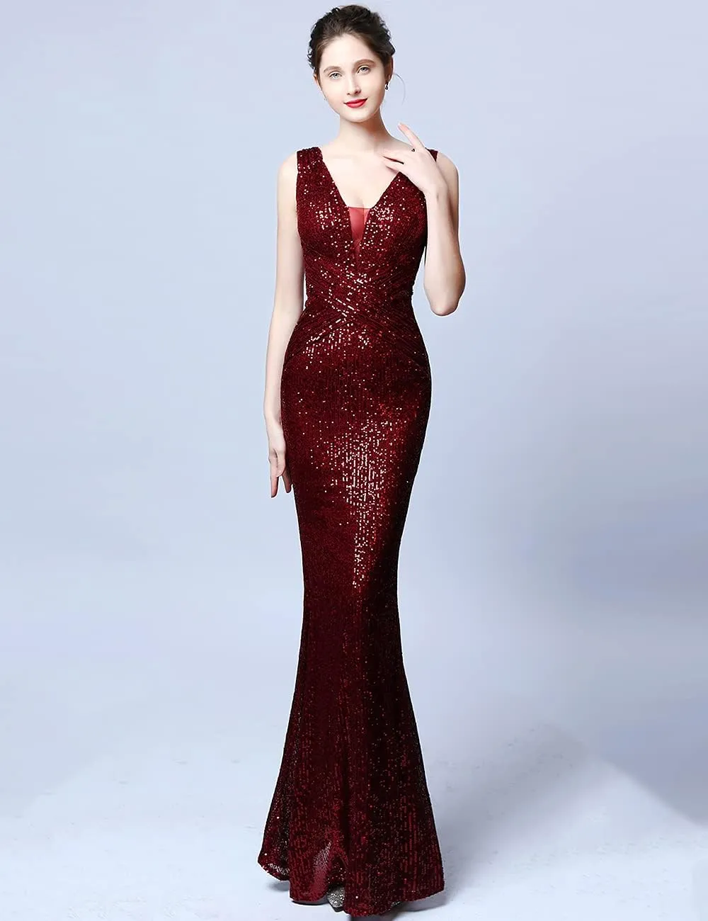 A ARFAR Women Wedding Sequin Dress V-Neck Sleeveless Dress Mermaid Maxi Long Dress Formal Evening Prom Gowns