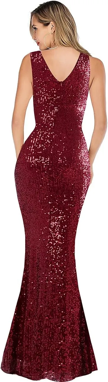 A ARFAR Women Wedding Sequin Dress V-Neck Sleeveless Dress Mermaid Maxi Long Dress Formal Evening Prom Gowns