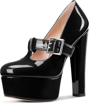 Aachcol Womens Platform Mary Jane Pumps Chunky Block T-Strap High Heels Round Toe Prom Dress Shoes 5.9 Inches Heels