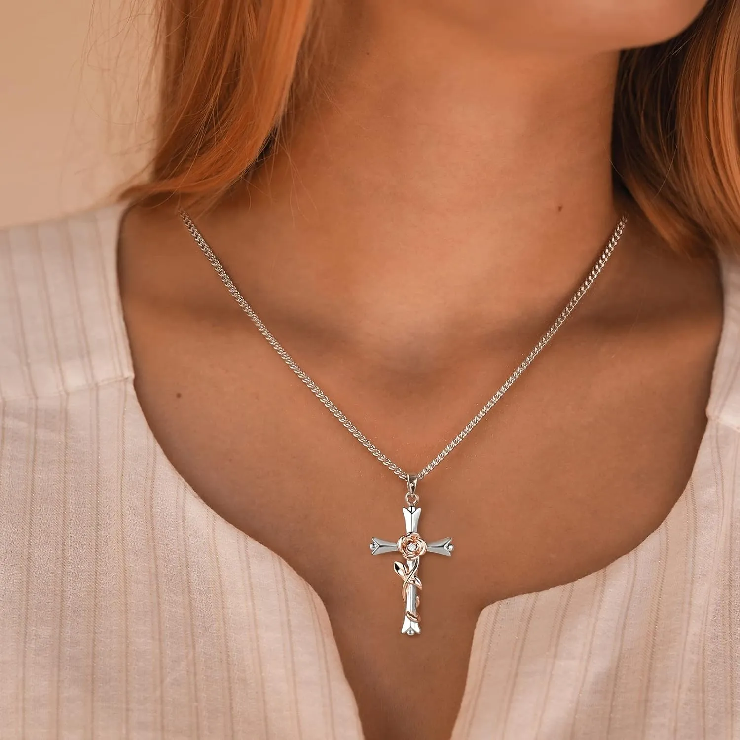 ACECHA Cross Necklace for Women | Silver Faith Birthstone Cross Pendant with Birth Flower Jewelry Gifts for Teen Wife Women for Birthday Anniversary