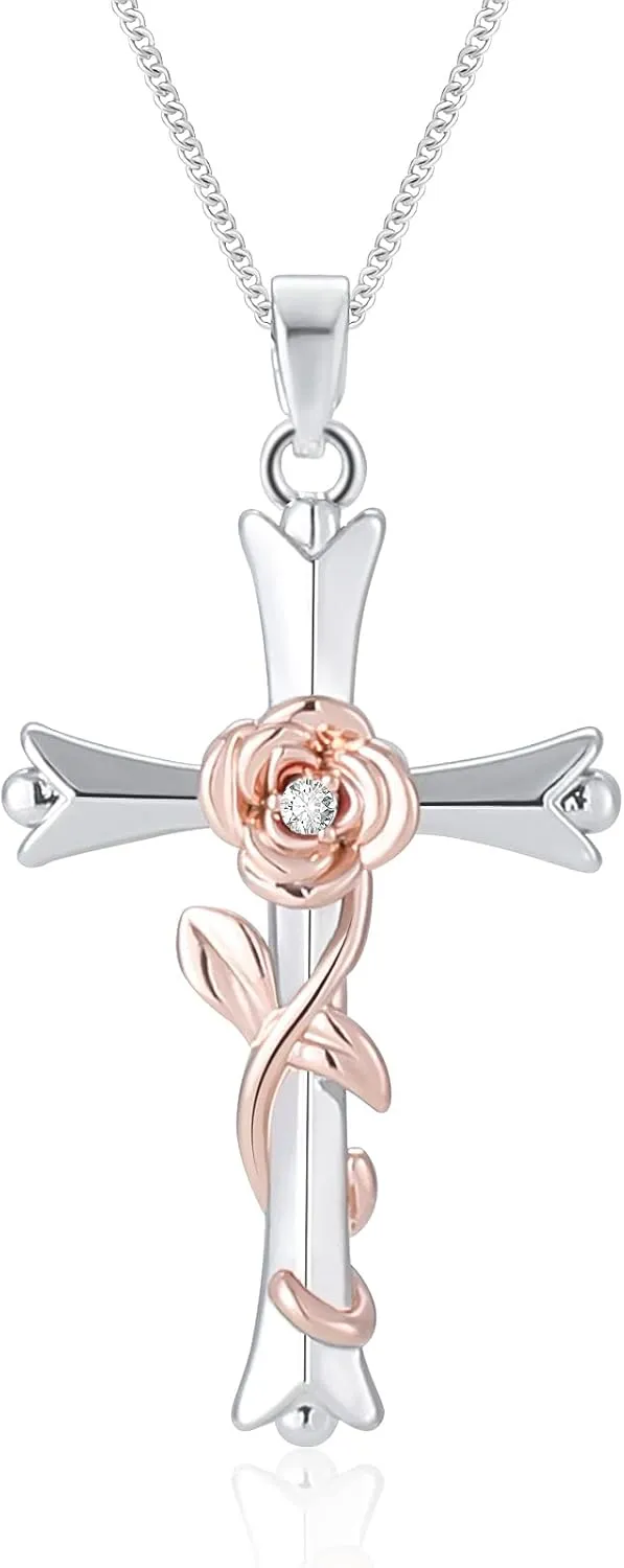 ACECHA Cross Necklace for Women | Silver Faith Birthstone Cross Pendant with Birth Flower Jewelry Gifts for Teen Wife Women for Birthday Anniversary